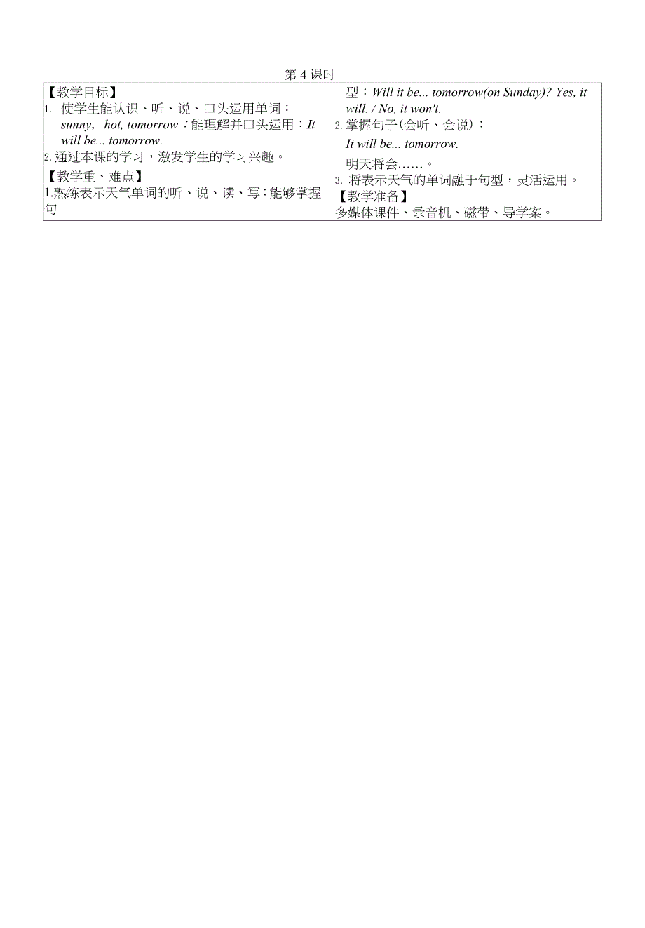 2022四年级英语下册 Module 4 Unit 2 Will it be hot in Haikou第4课时教案 外研版（三起）.doc_第1页