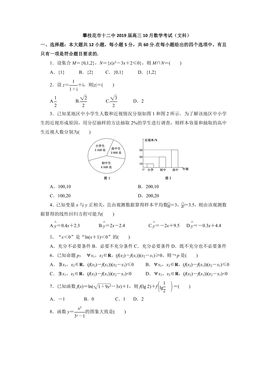 四川省攀枝花市第十二中学2019届高三10月月考数学（文）试题 WORD版含答案.doc_第1页