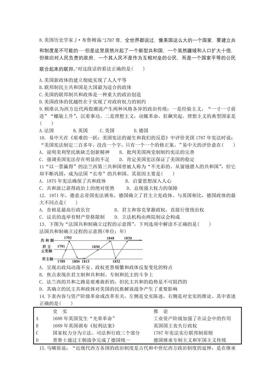 山东省宁阳四中高中历史（岳麓版） 课时训练 必修一 第3单元 近代西方资本主义政治制度的确立与发展.doc_第2页