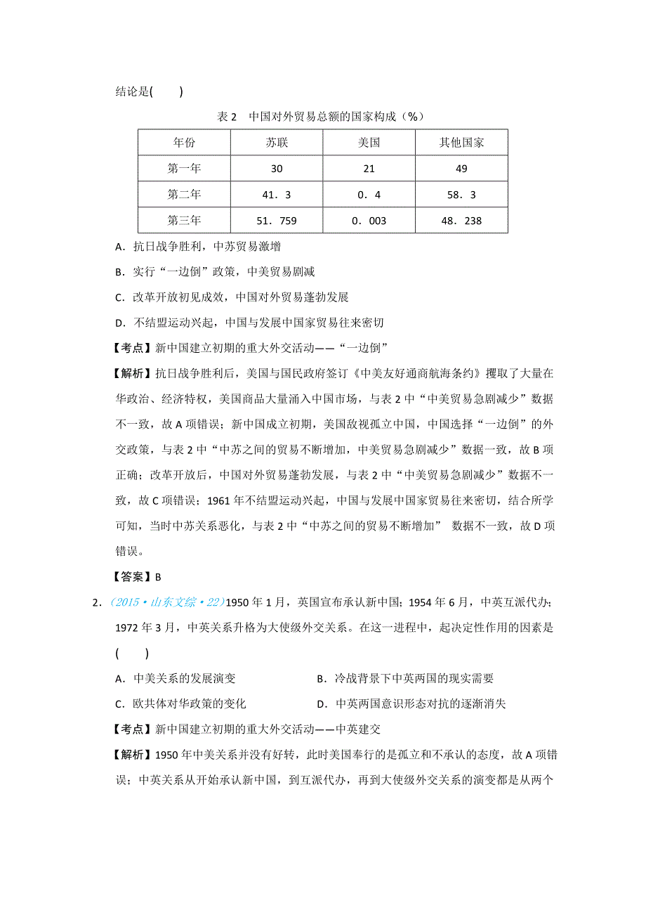 2018版高三历史一轮复习五年真题分类 必修1 第23课 新中国初期的外交 WORD版含答案.doc_第2页