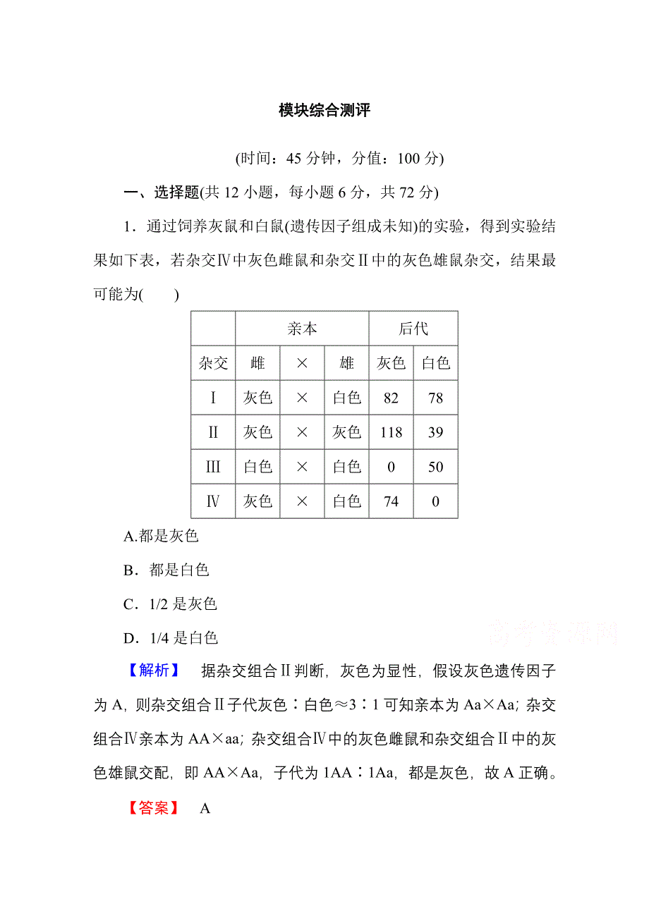 2016-2017学年高中生物人教版必修二 模块综合测评 WORD版含答案.doc_第1页