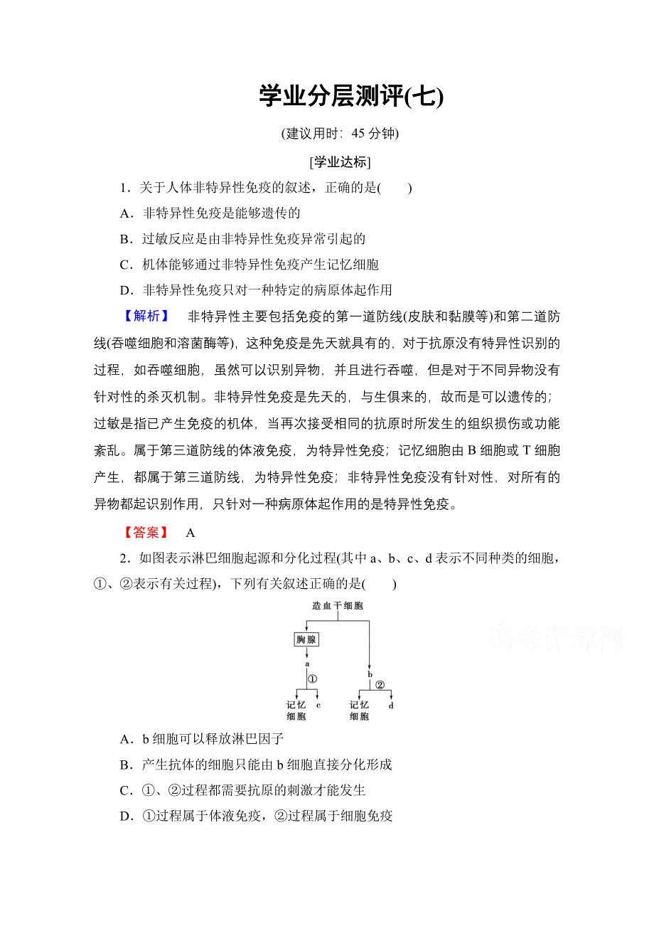 2016-2017学年高中生物人教版必修三学业分层测评 第2章　动物和人体生命活动的调节 学业分层测评7 WORD版含答案.doc_第1页