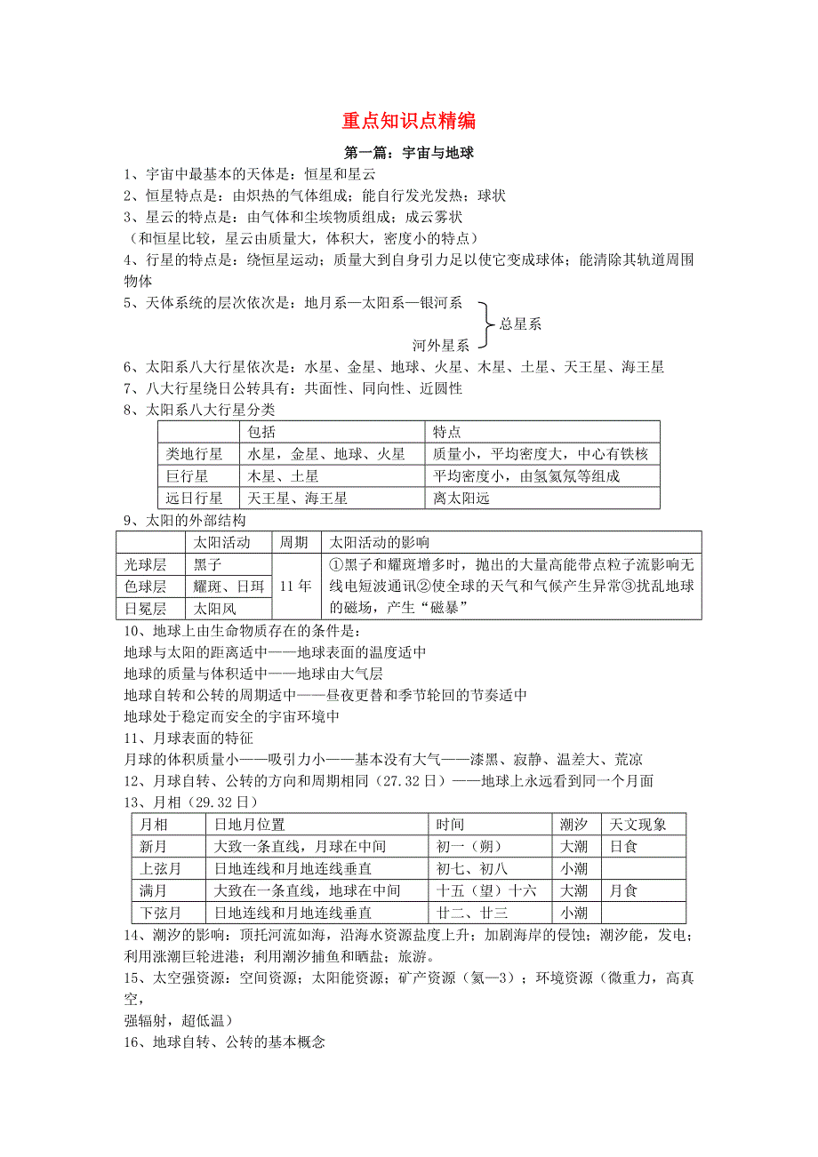 2020年高一地理上册第一次月考重点知识点精编.doc_第1页