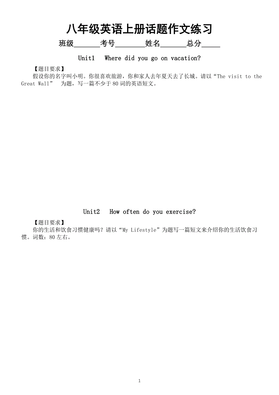 初中英语人教新目标八年级上册各单元话题作文专项练习（共10篇附优秀范文）.doc_第1页