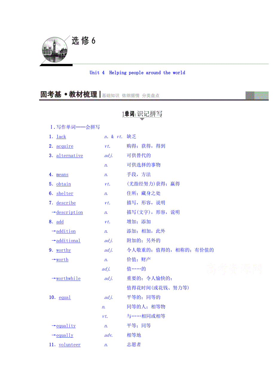 2018版高三英语译林版（通用版）一轮复习教师用书 第1部分 选修6 UNIT 4　HELPING PEOPLE AROUND THE WORLD WORD版含答案.doc_第1页