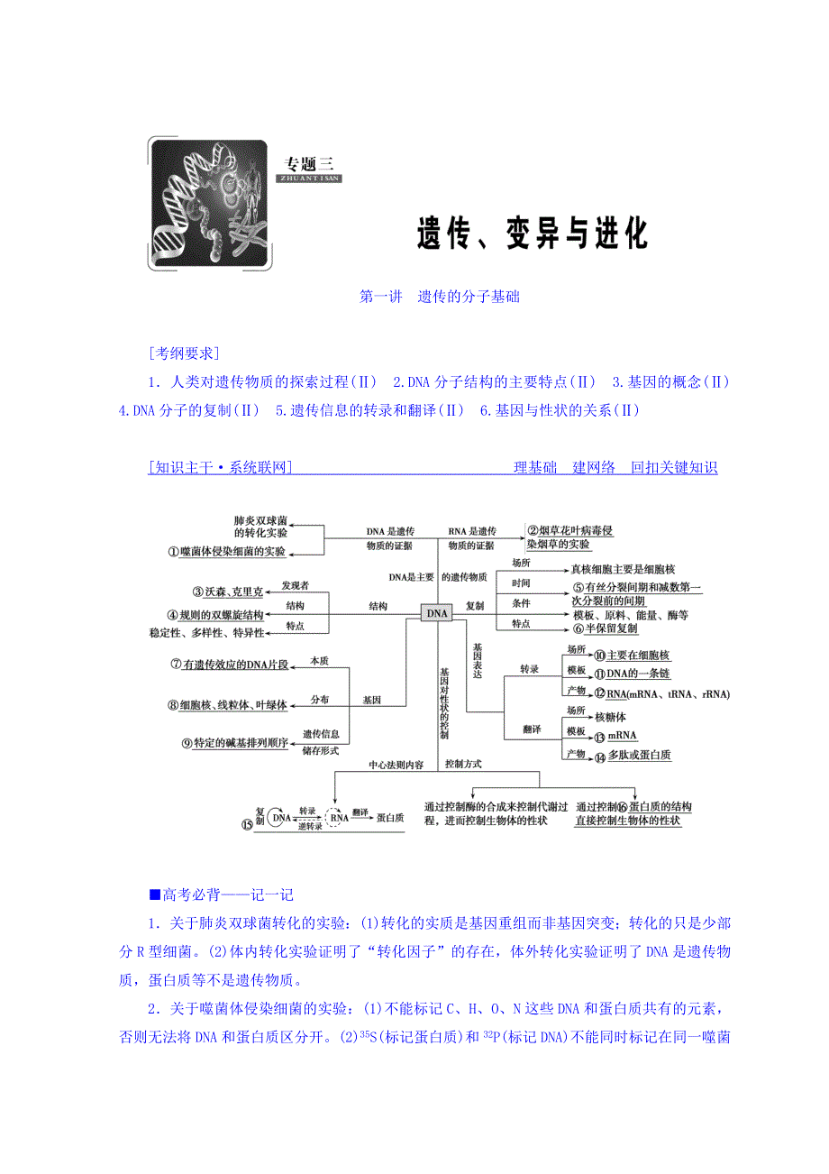 2018版高三生物大二轮复习专题三 遗传、变异与进化 第1讲 遗传的分子基础 讲义 WORD版含答案.doc_第1页