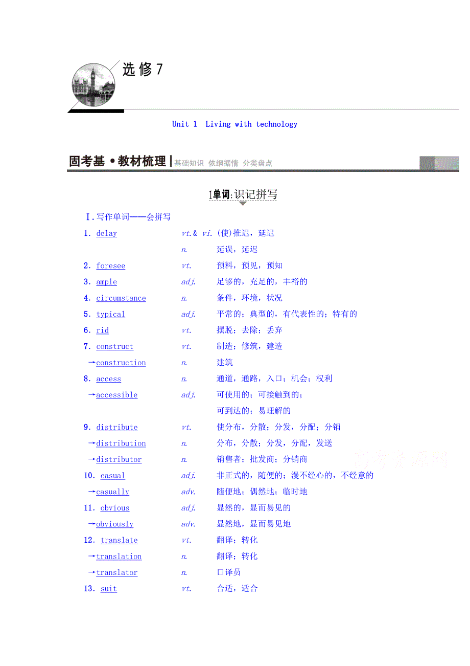 2018版高三英语译林版（通用版）一轮复习教师用书 第1部分 选修7 UNIT 1　LIVING WITH TECHNOLOGY WORD版含答案.doc_第1页