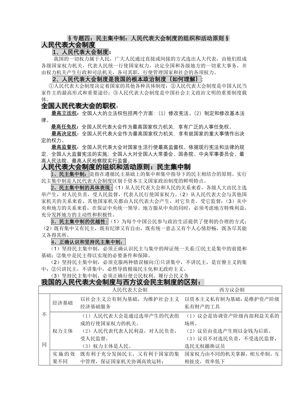 2012届高三政治一轮复习知识点解读：专题四：民主集中制：人民代表大会制度的组织和活动原则（新人教选修3）.doc_第1页