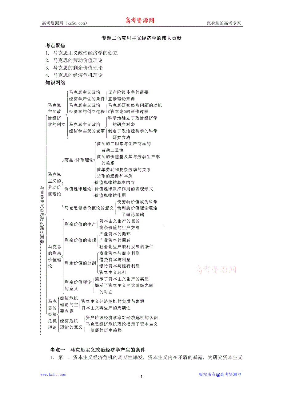 2012届高三政治一轮复习学案：专题二马克思主义经济学的伟大贡献.doc_第1页