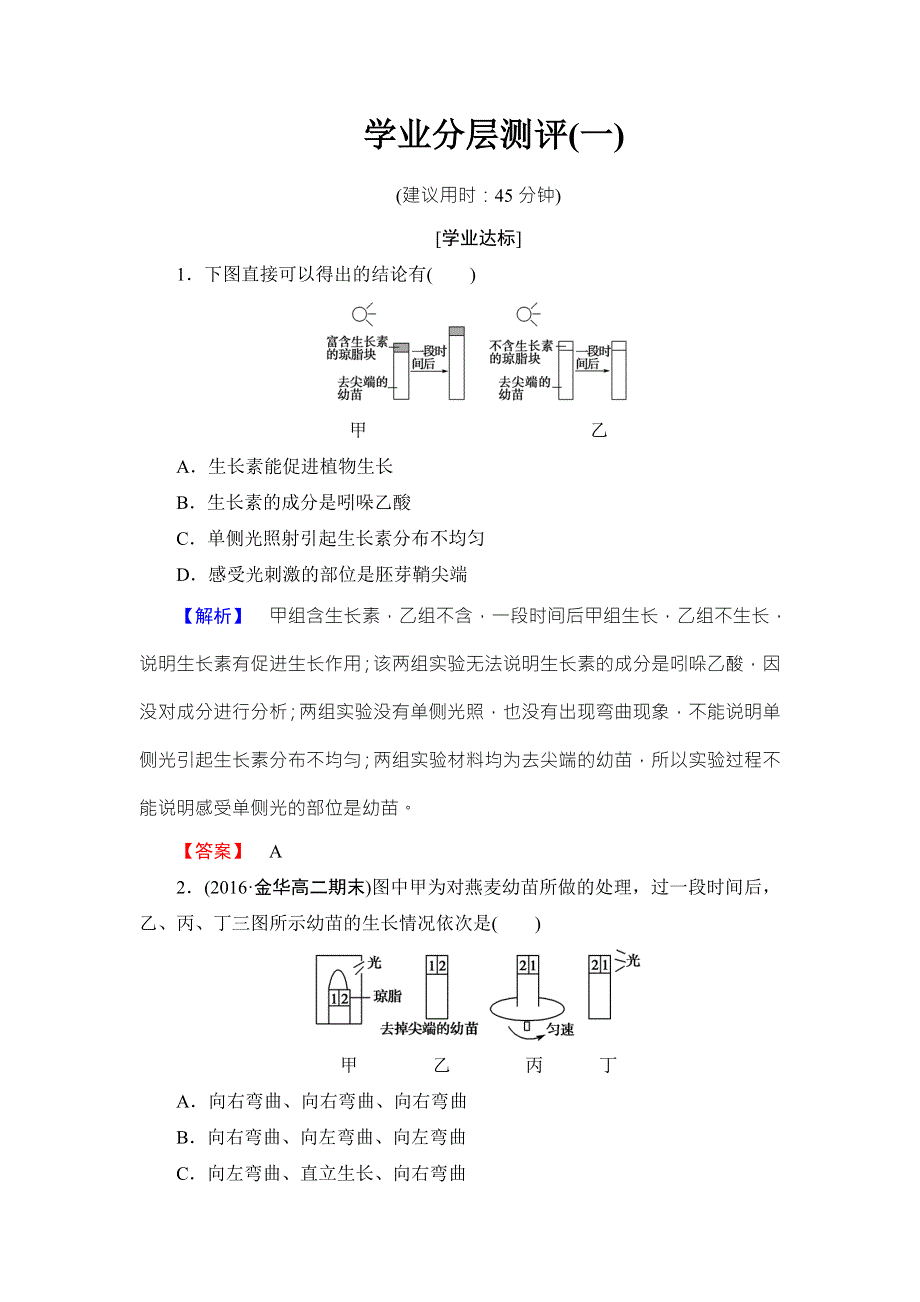 2016-2017学年高中生物浙科版必修三学业分层测评1 第1章-第1节 植物生命活动的调节 WORD版含解析.doc_第1页