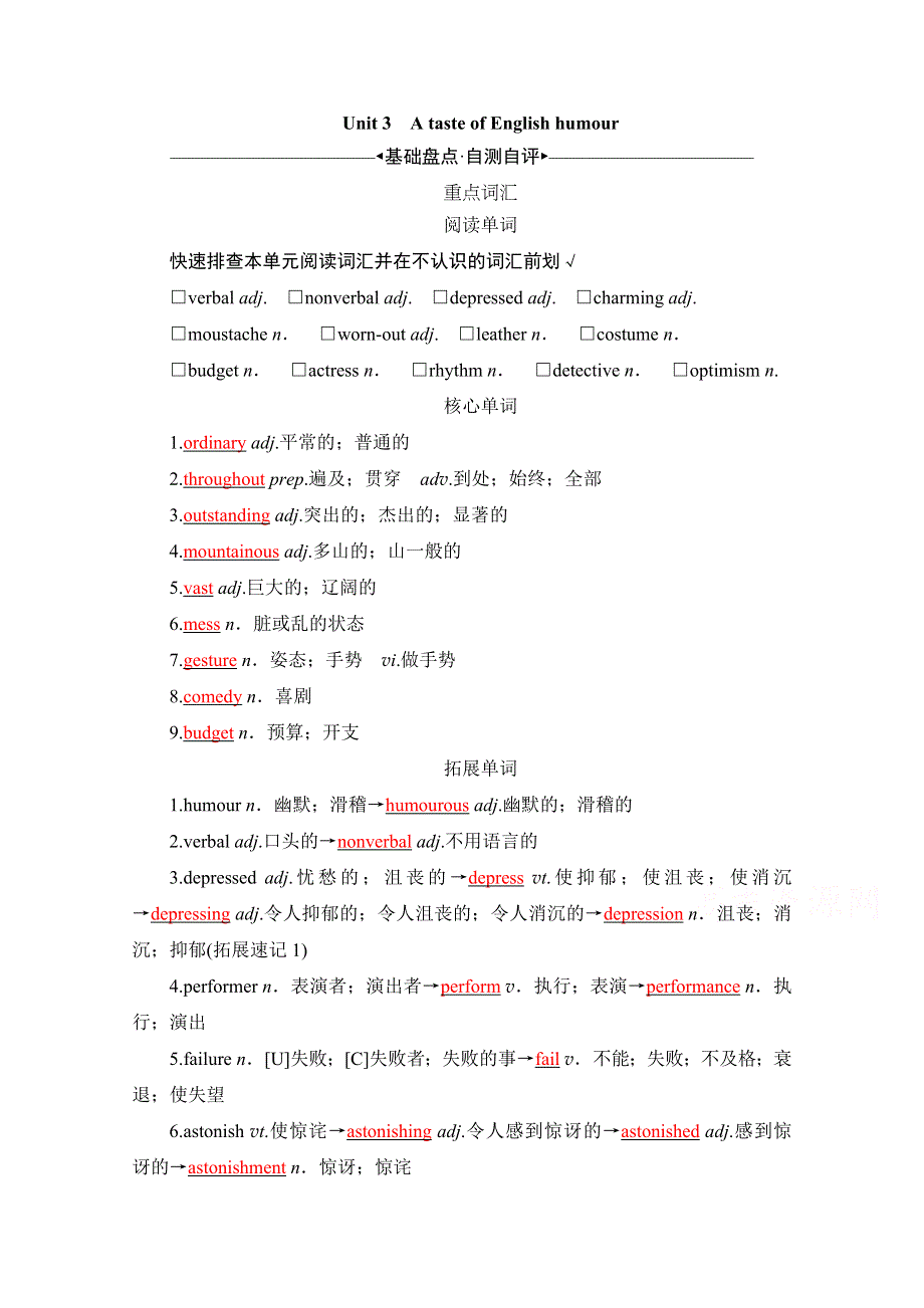 2021届高三英语人教版一轮复习学案：第一部分 必修四 UNIT 3　A TASTE OF ENGLISH HUMOUR WORD版含解析.doc_第1页