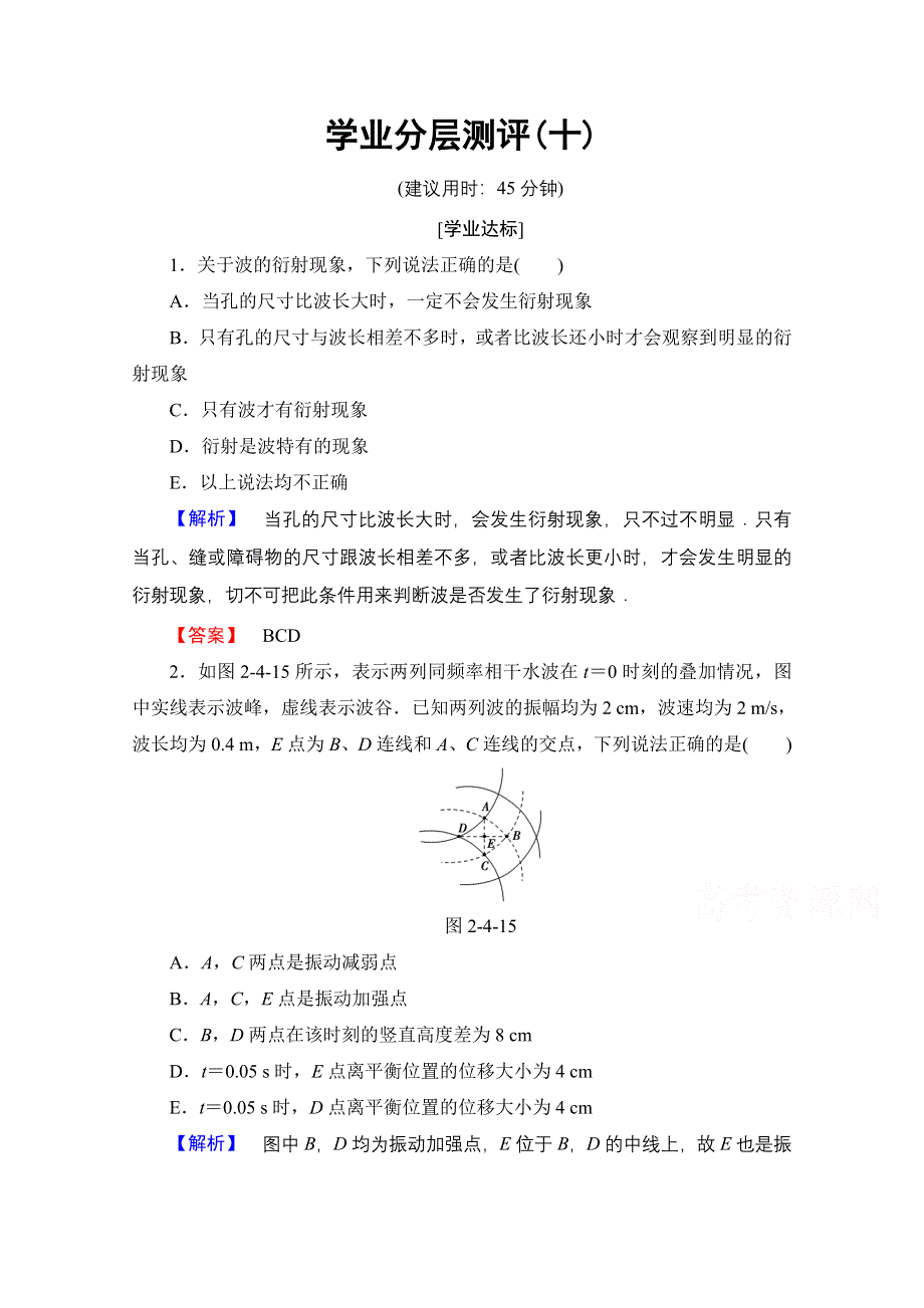 2016-2017学年高中物理教科版选修3-4学业分层测评10 第2章 5 波的干涉、衍射 6 多普勒效应 WORD版含解析.doc_第1页