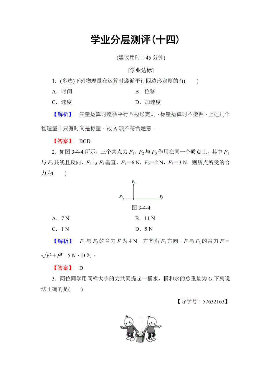 2018版物理（人教版）新课堂同步必修一文档：第3章 4　力的合成 学业分层测评14 WORD版含解析.doc_第1页