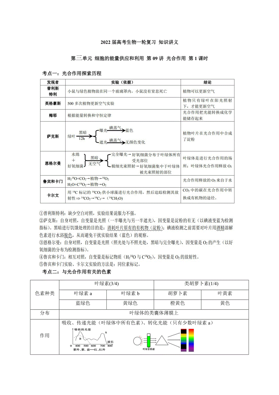 《新教材》2022届高考生物一轮复习讲义：第三单元 细胞的能量供应和利用 第09讲 光合作用 第1课时 .docx_第1页