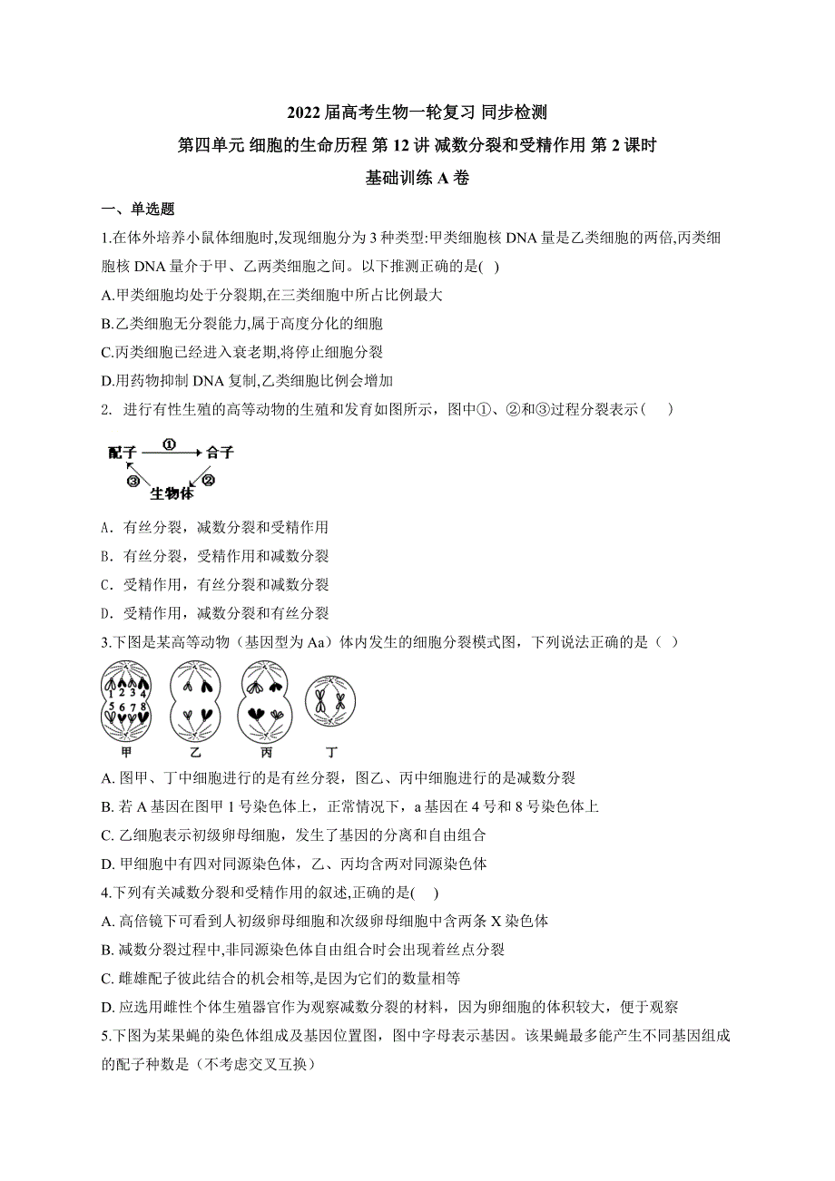 《新教材》2022届高考生物一轮复习同步检测：第四单元 细胞的生命历程 第12讲 减数分裂和受精作用 第2课时 基础训练A卷 WORD版含答案.docx_第1页