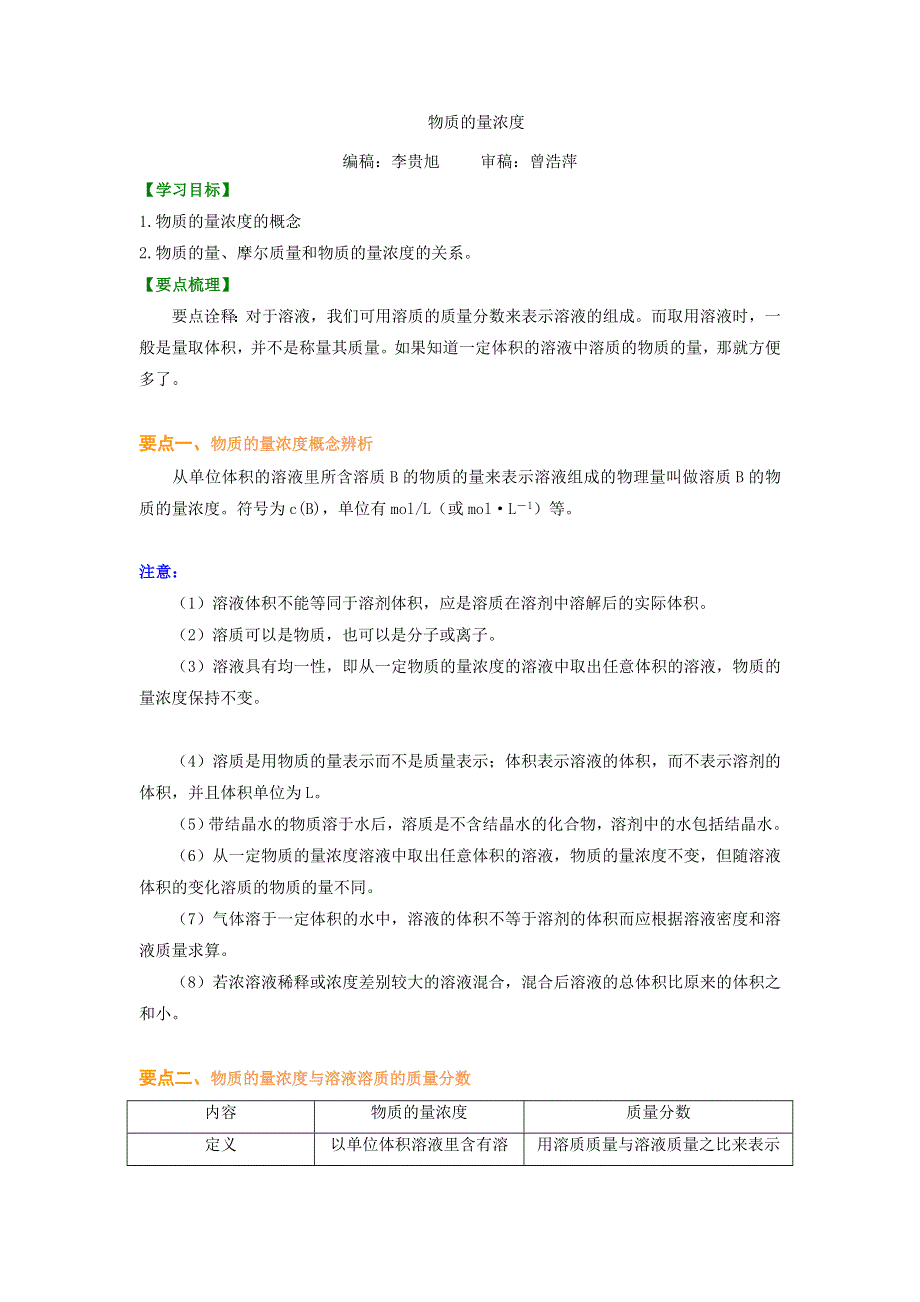 人教版高一化学知识讲解学案：1-2物质的量浓度提高 WORD版含解析.doc_第1页