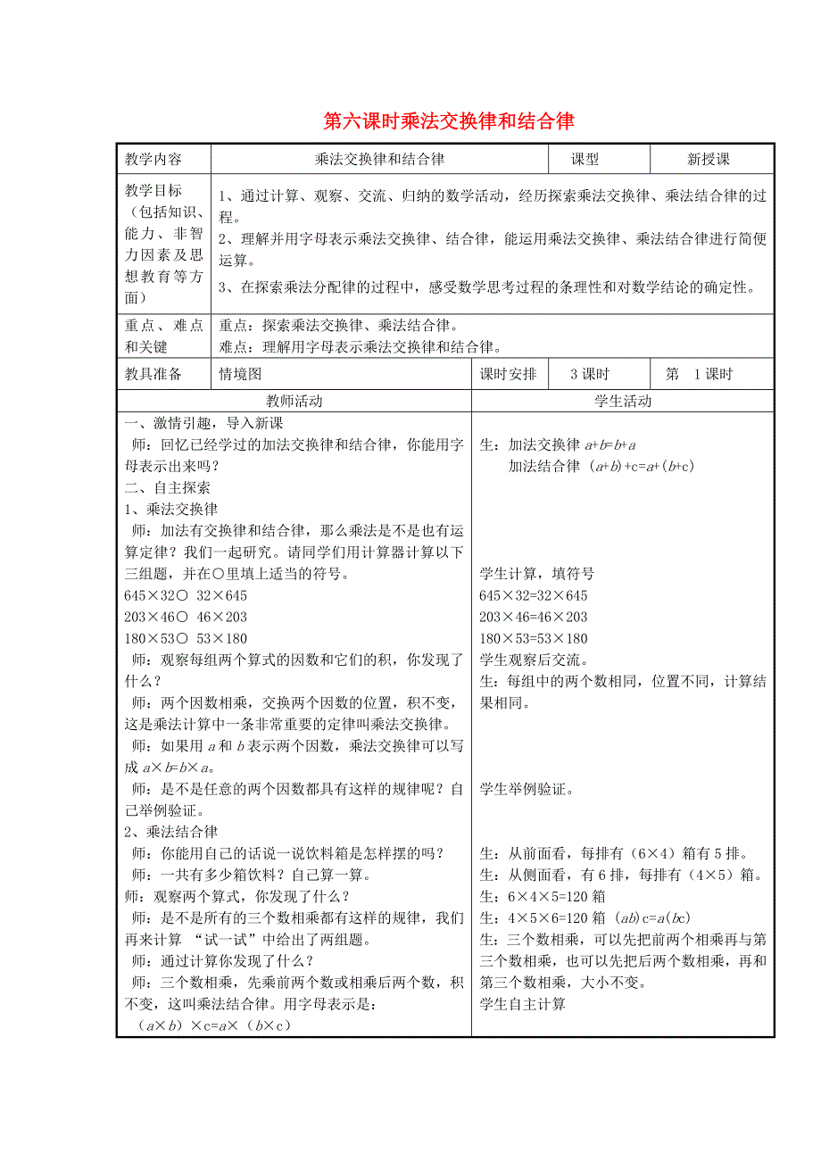 2022四年级数学下册 第3单元 三位数乘两位数第6课时 乘法交换律和乘法结合律 冀教版.doc_第1页