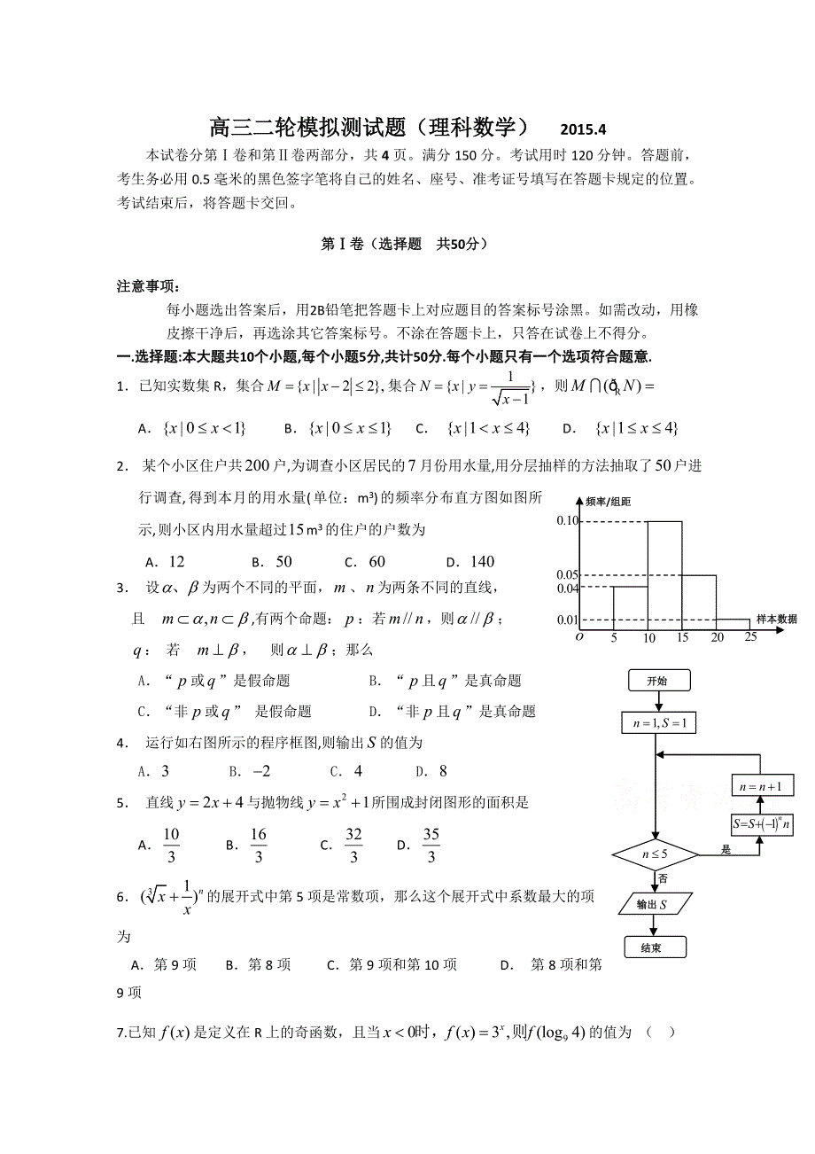 山东省威海一中2015届高三4月二轮复习检测数学理试题 WORD版含答案.doc_第1页