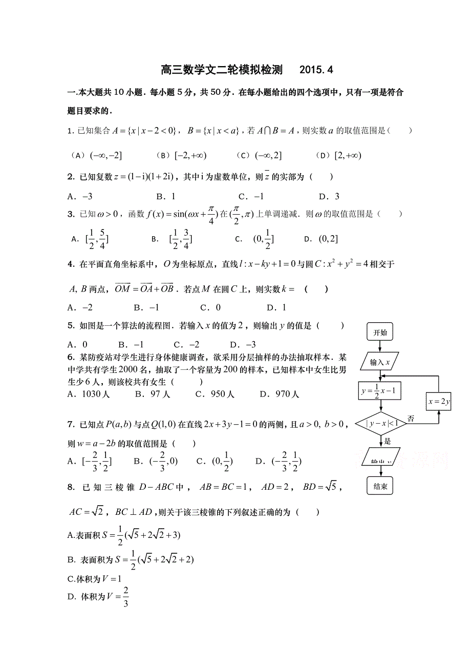 山东省威海一中2015届高三4月二轮复习检测数学文试题 WORD版含答案.doc_第1页