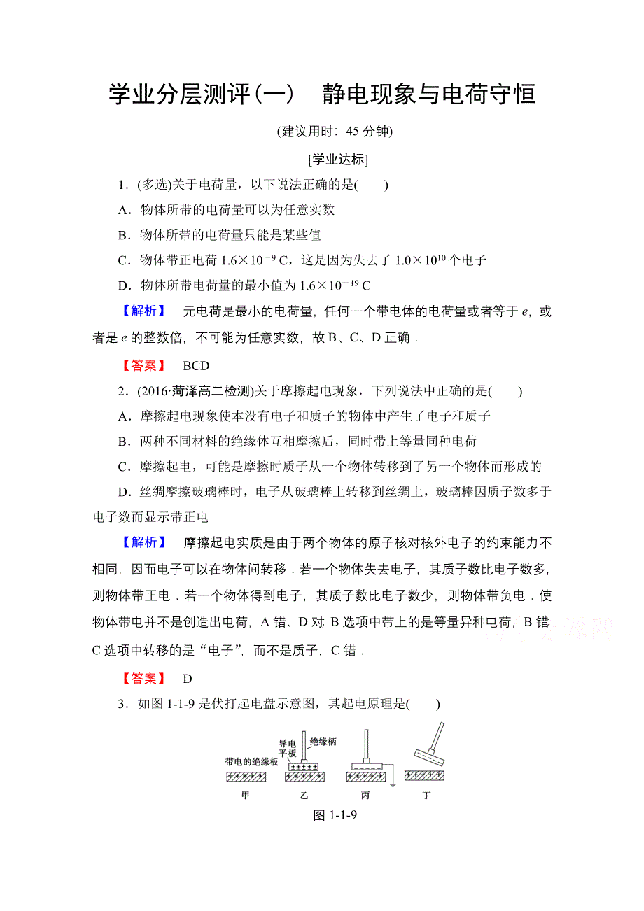 2016-2017学年高中物理沪科版习题 选修3-1 第一章 电荷的相互作用 学业分层测评1 WORD版含答案.doc_第1页