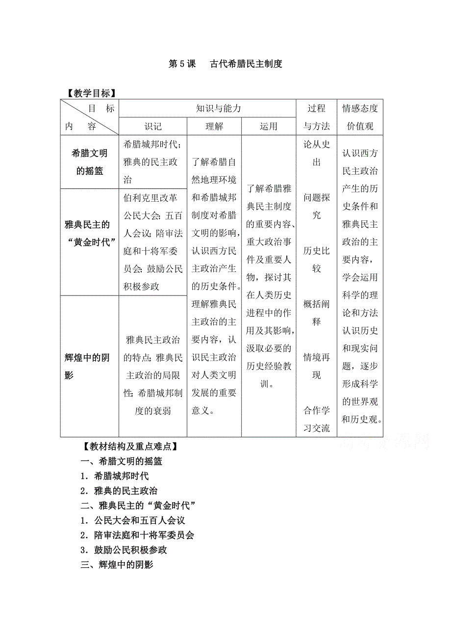 人教版高一历史必修一第三单元第5课 古代希腊民主制度教案标准实验版 WORD版含解析.doc_第1页