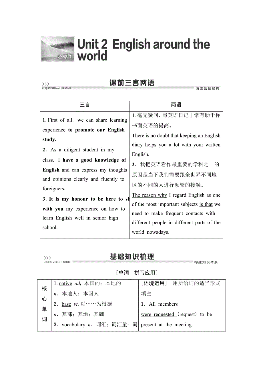 2021届高三英语人教版一轮新高考复习学案：必修1 UNIT 2 ENGLISH AROUND THE WORLD WORD版含答案.doc_第1页