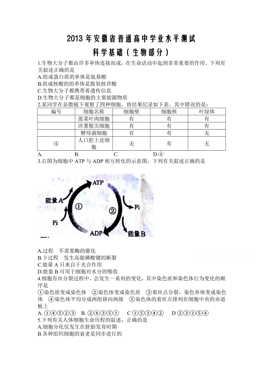 2013年安徽省普通高中学业水平测试真题--生物 WORD版含答案.doc_第1页