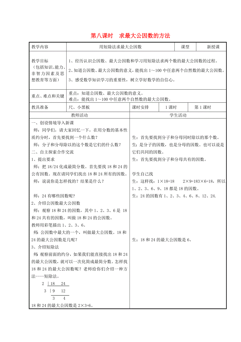 2022四年级数学下册 第5单元 分数的意义和认识第8课时 求最大公因数的方法教案 冀教版.doc_第1页