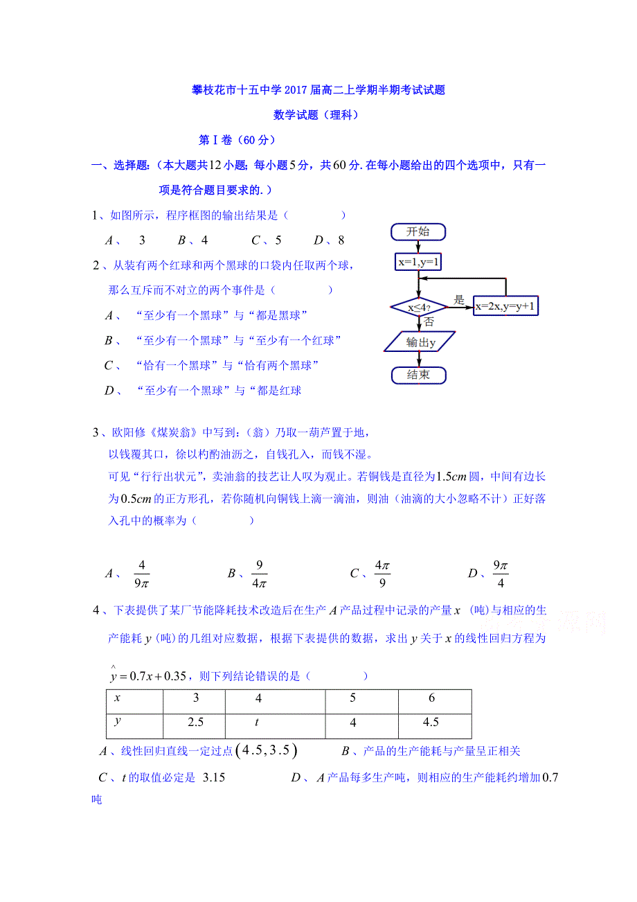 四川省攀枝花市第十五中学校2015-2016学年高二上学期期中数学（理科）试题 WORD版含答案.doc_第1页