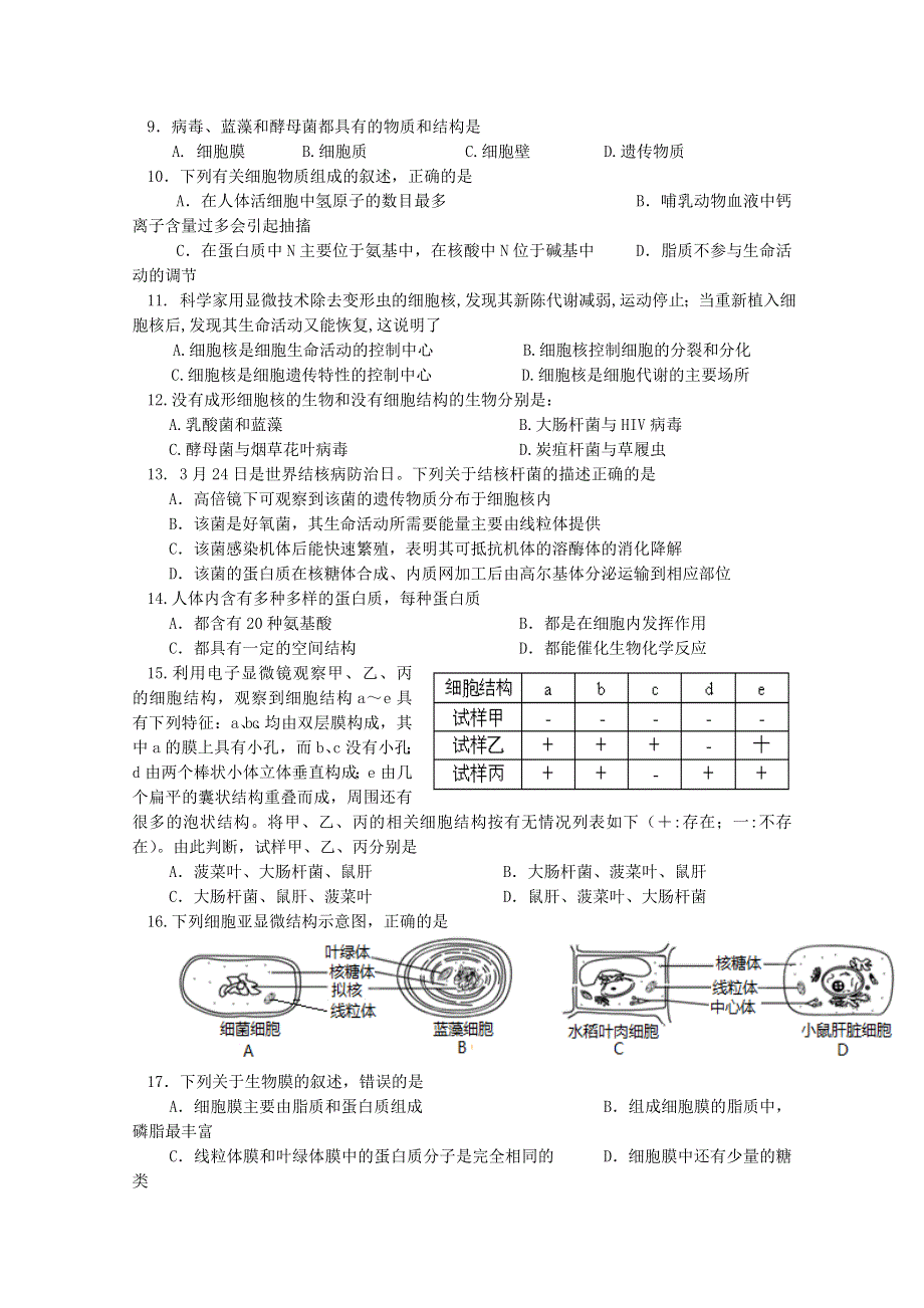 四川省攀枝花市第十五中学校2015-2016学年高一上学期期中考试生物试题 WORD版含答案.doc_第2页