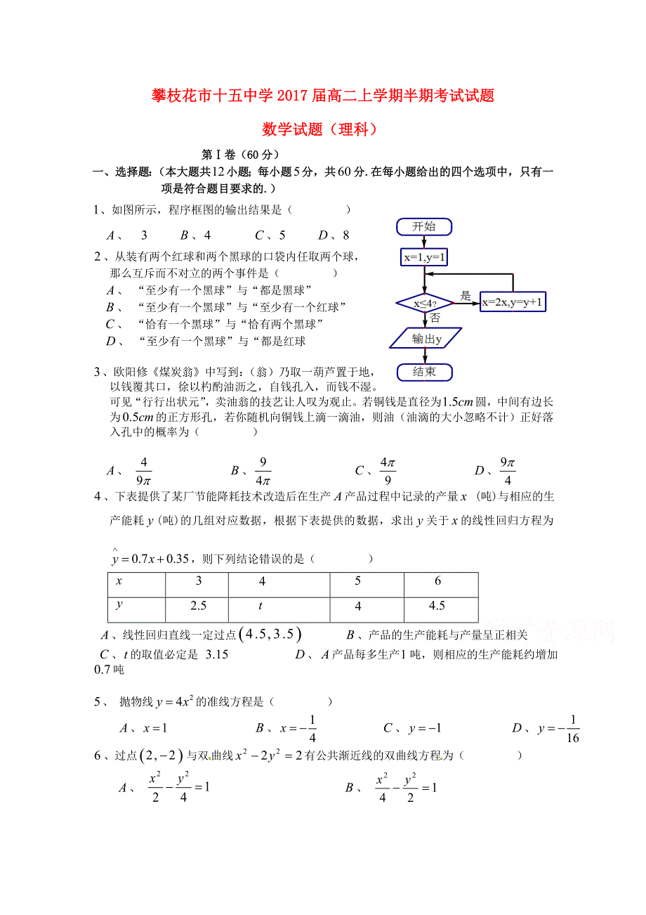 四川省攀枝花市第十五中学校2015-2016学年高二上学期期中考试数学（理科）试题 WORD版含答案.doc_第1页