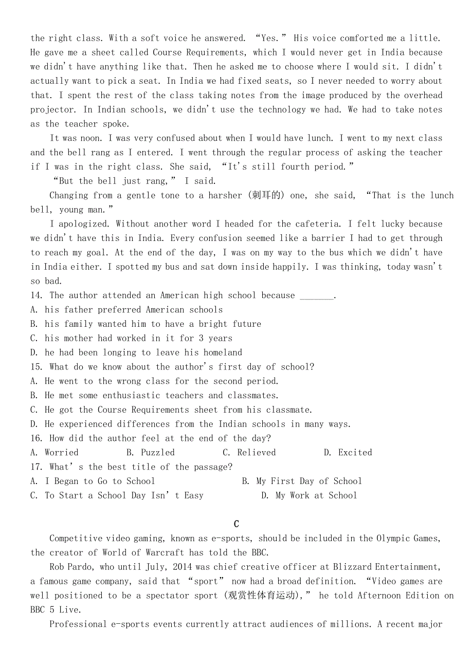 广东省东莞市第四高级中学2020-2021学年高一英语上学期期中试题.doc_第3页