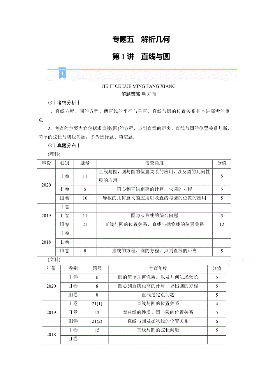 2021届高考二轮数学人教版学案：第二部分 专题五 第1讲　直线与圆 WORD版含解析.doc_第1页