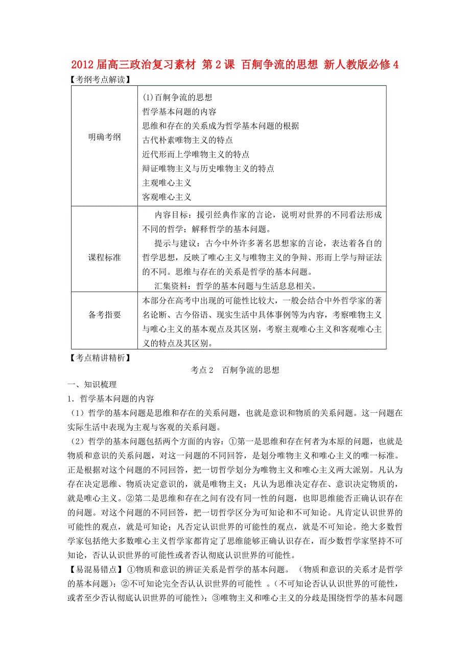 2012届高三政治复习素材：第2课 百舸争流的思想（新人教版必修4）.doc_第1页