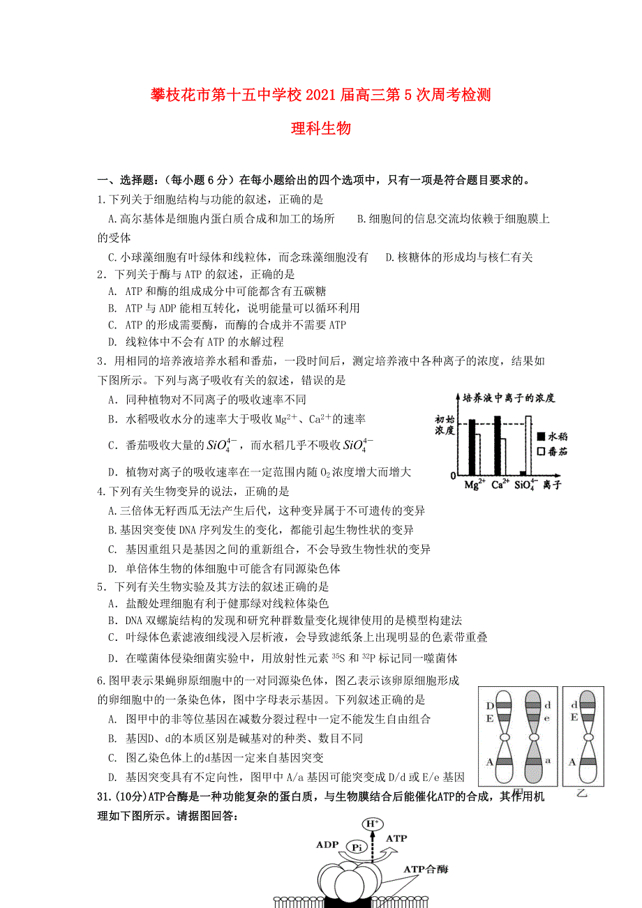 四川省攀枝花市第十五中学校2021届高三生物上学期第5次周考试题.doc_第1页