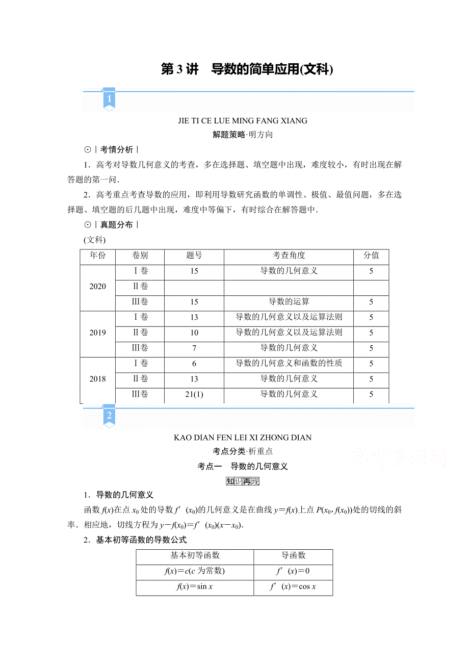 2021届高考二轮数学人教版学案：第二部分 专题六 第3讲　导数的简单应用（文科） WORD版含解析.doc_第1页