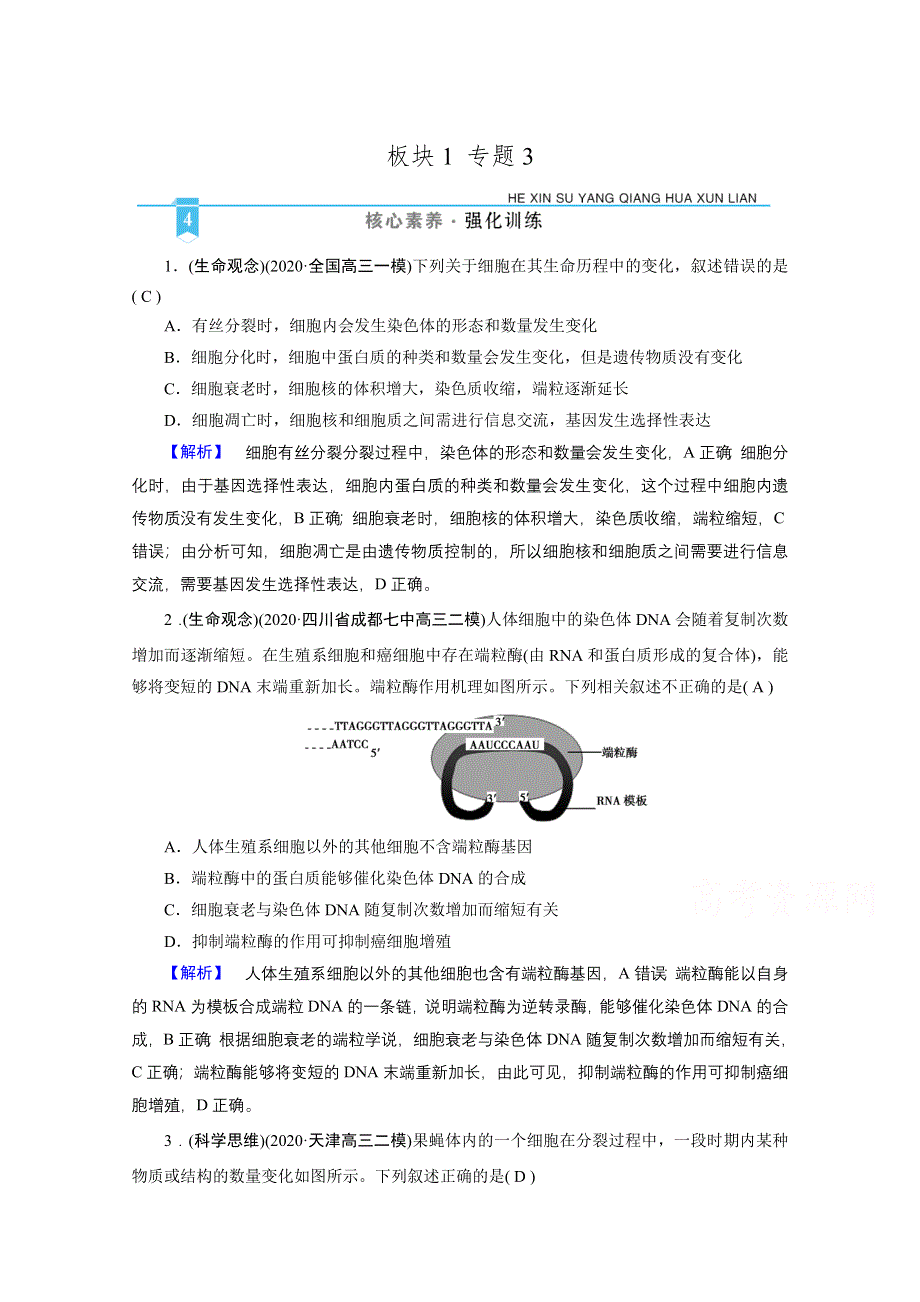 2021届高考二轮生物人教版训练：专题3 细胞的生命历程 核心素养 WORD版含解析.doc_第1页