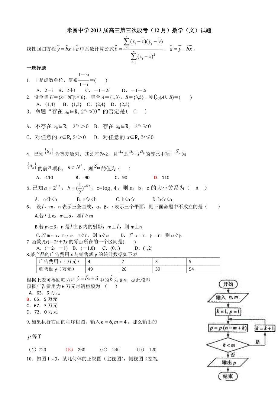 四川省攀枝花市米易中学2013届高三第三次段考（12月）数学（文）试题 WORD版答案不全.doc_第1页