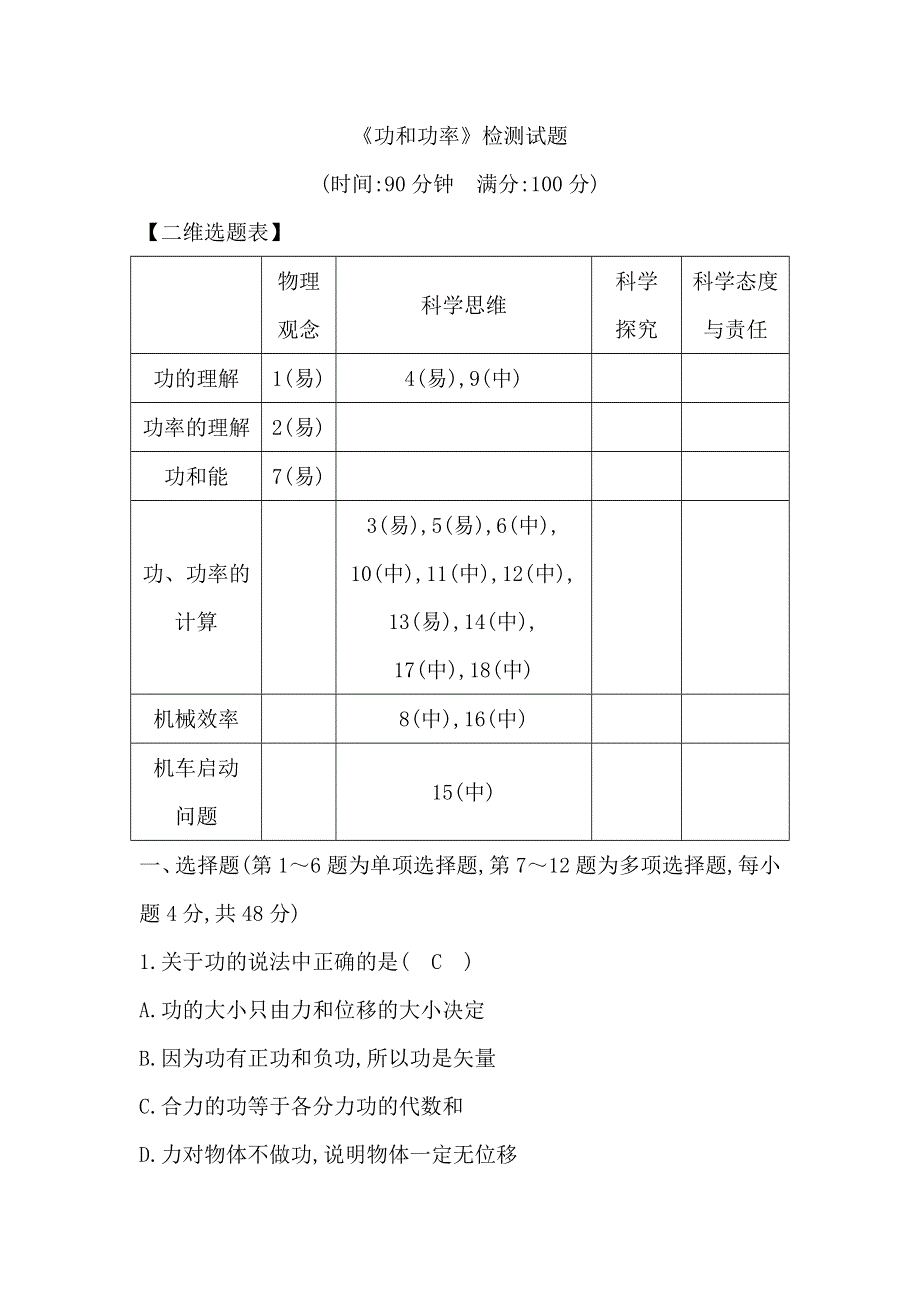 2018版高中物理鲁科版必修2试题：第1章 《功和功率》检测试题 WORD版含解析.doc_第1页