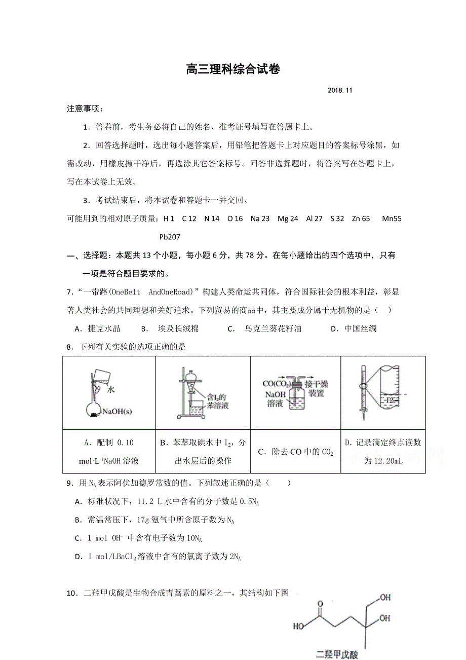 山东省实验中学（中心校区）2019届高三11月模拟考试化学试题 WORD版含答案.doc_第1页