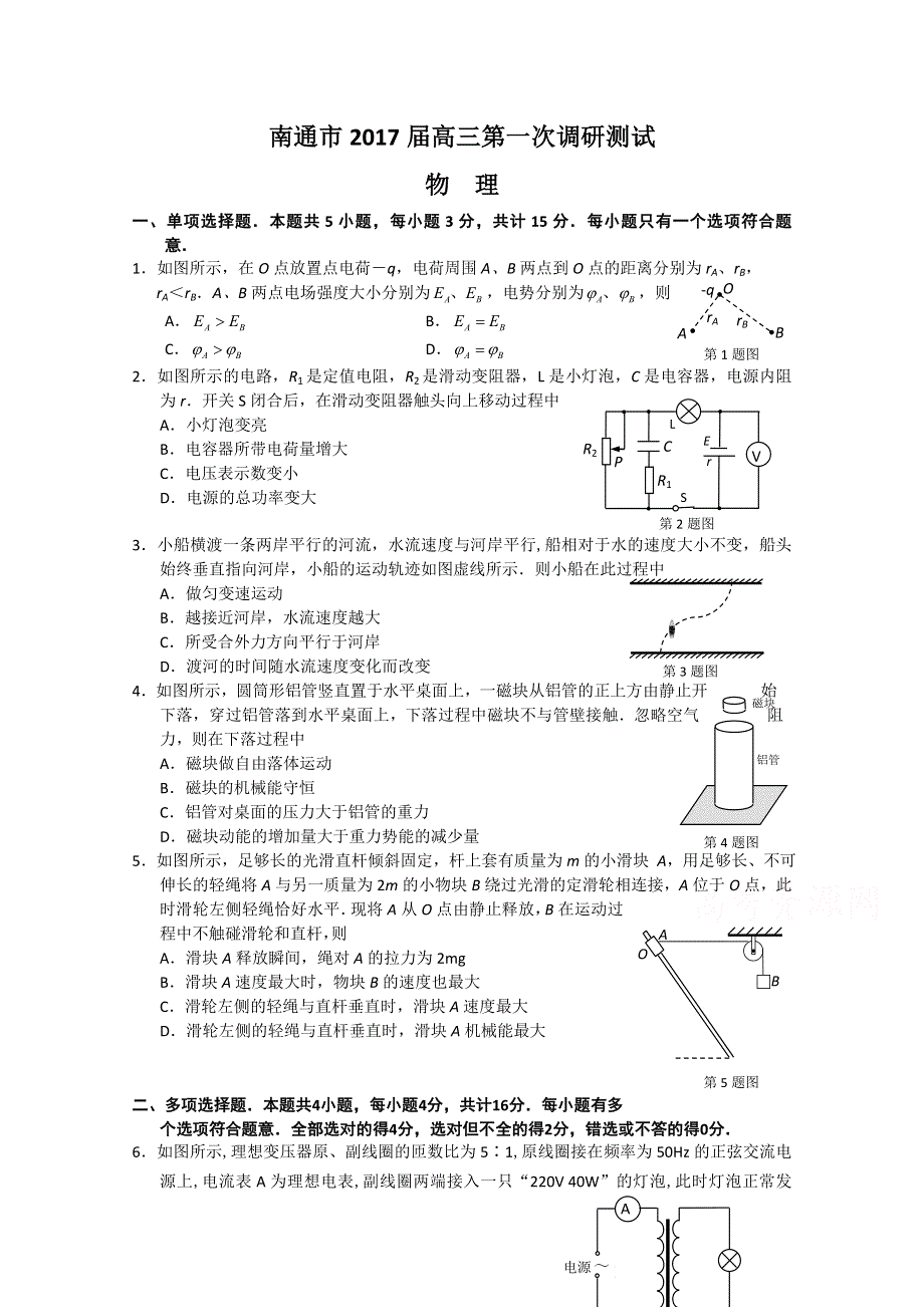 《发布》江苏省南通市2017届高三第一次模拟考试 物理 WORD版含答案.doc_第1页