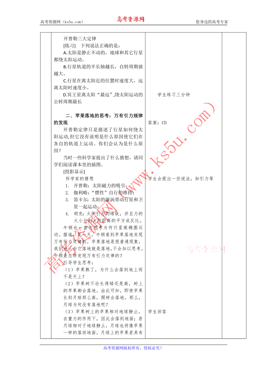 广东省东莞虎门中学高一物理教案 3.1《万有引力定律》（粤教版必修二）.doc_第3页