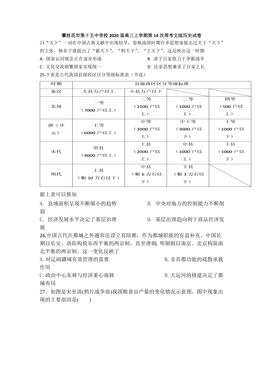 四川省攀枝花市第十五中学校2020届高三上学期第14次周考文综历史试题 WORD版含答案.doc_第1页