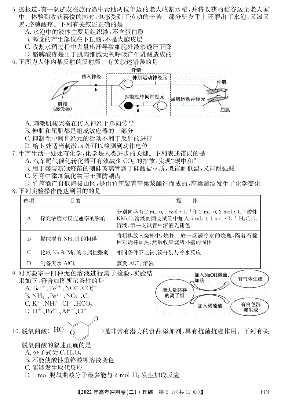 2022届安徽省高考冲刺卷（二）——理综（PDF版含答案）.pdf_第2页