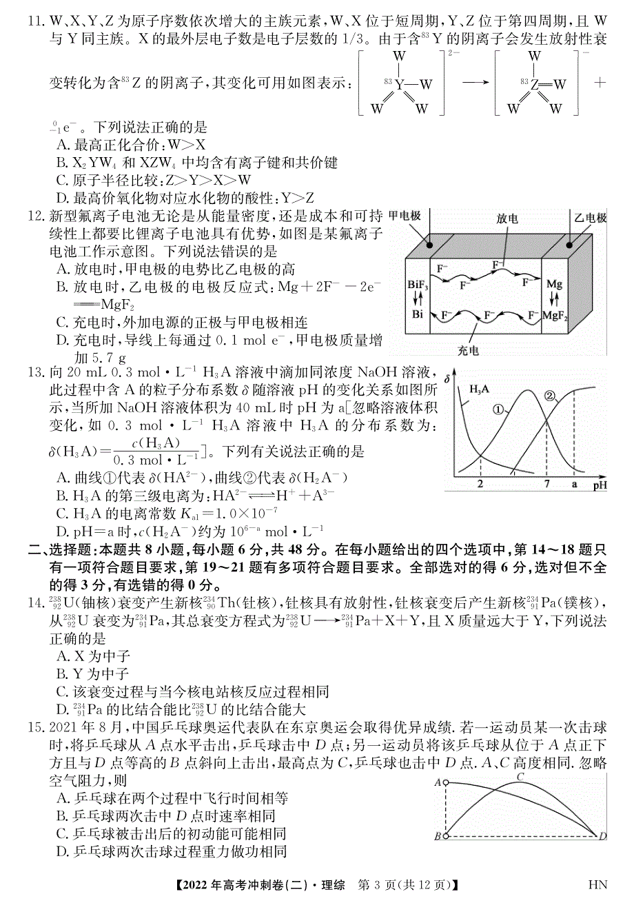 2022届安徽省高考冲刺卷（二）——理综（PDF版含答案）.pdf_第3页