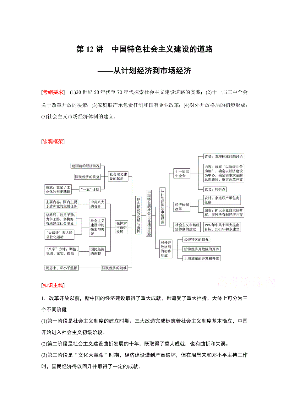 《新步步高》2016版高考历史（全国专用）大二轮总复习与增分策略配套文档：第一部分 板块三 第12讲中国特色社会主义建设的道路——从计划经济到市场经济.docx_第1页