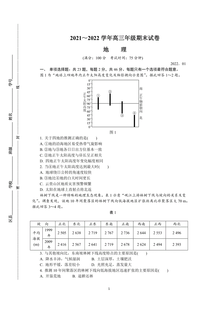 《发布》江苏省常州市2022届高三上学期期末考试 地理 WORD版含答案.DOCX_第1页