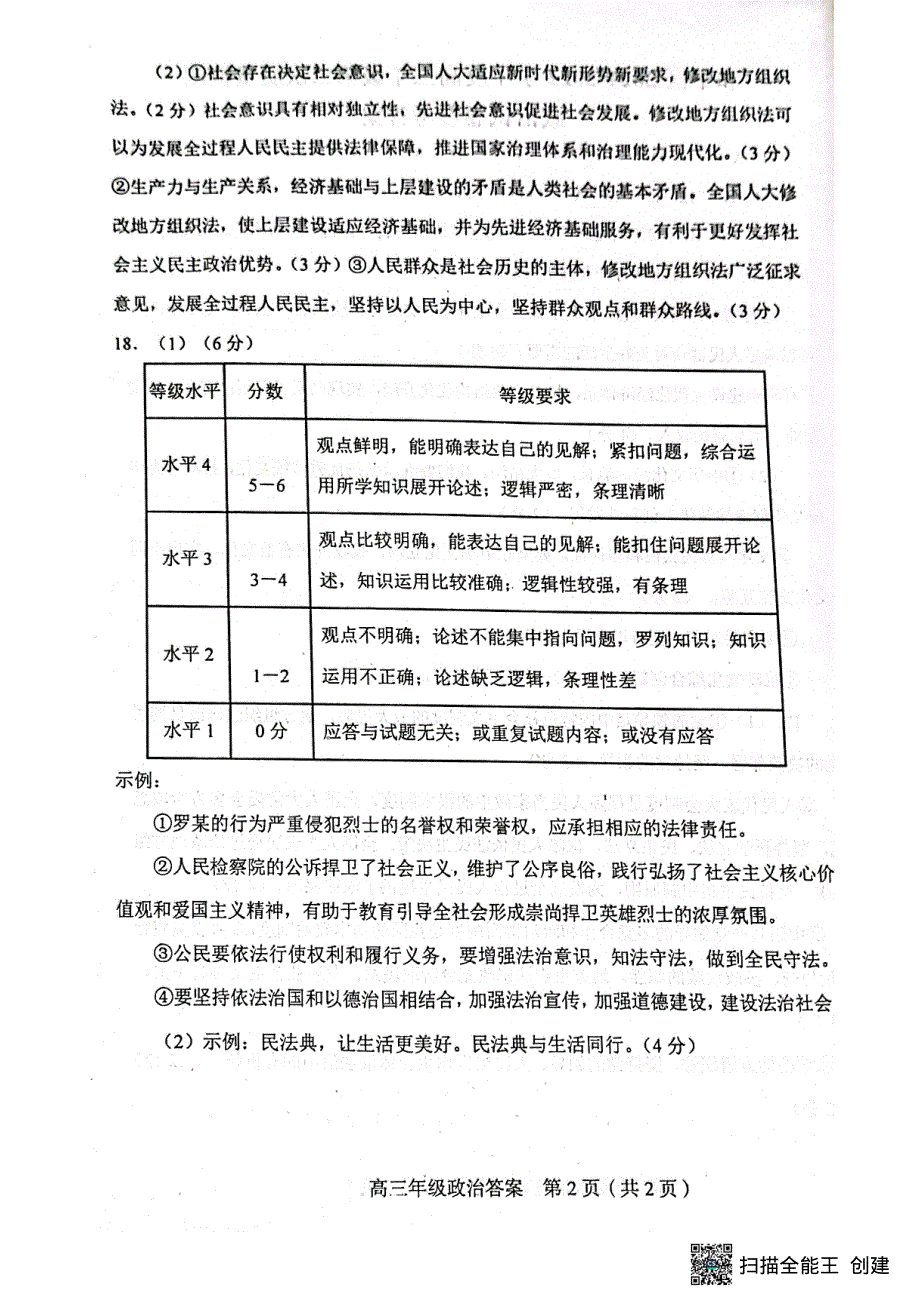 2022届天津市和平区高三年级总复习质量检测（二）政治参考答案.pdf_第2页