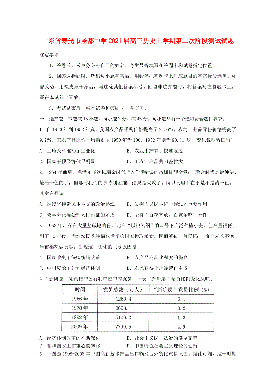 山东省寿光市圣都中学2021届高三历史上学期第二次阶段测试试题.doc_第1页