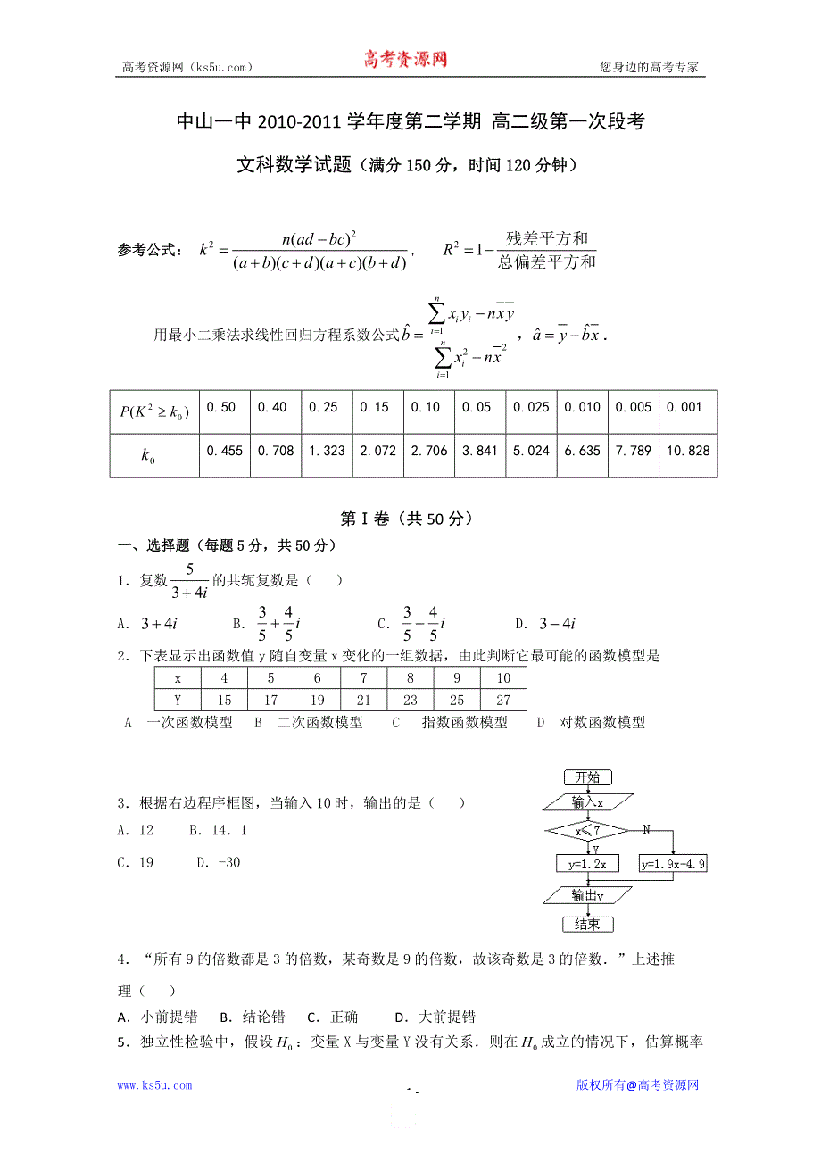 广东省中山一中10-11学年高二下学期第一次段考（数学文）.doc_第1页